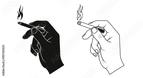 Two hands each holding a lit cigarette shown in contrasting styles
