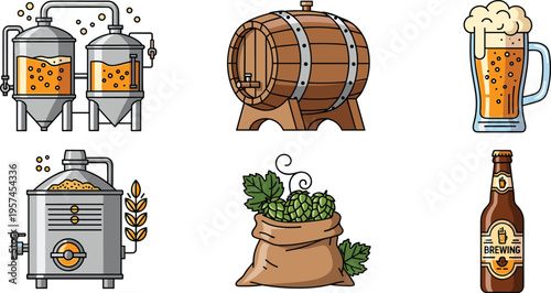 Beer Brewing Vector Illustration Showing Fermentation Tank Barrel Mug Machine Hop and Bottle