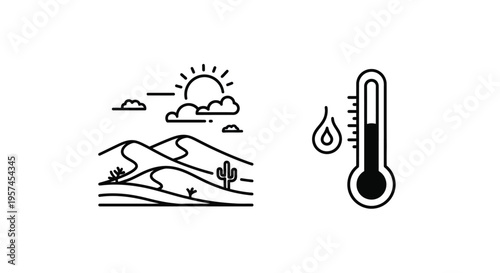 Desert landscape with sun and thermometer black and white line art