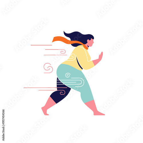 Running woman with flowing hair and scarf in vibrant colors  