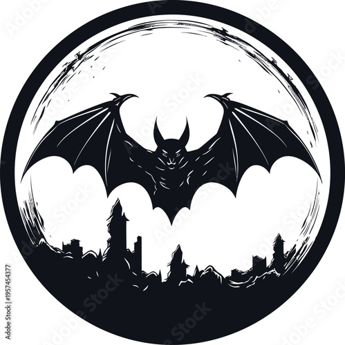 Black and White Bat Silhouette Halloween Emblem isolated on white background, Vector, illustration