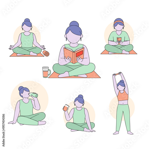 Woman practicing wellness activities in various poses and styles  