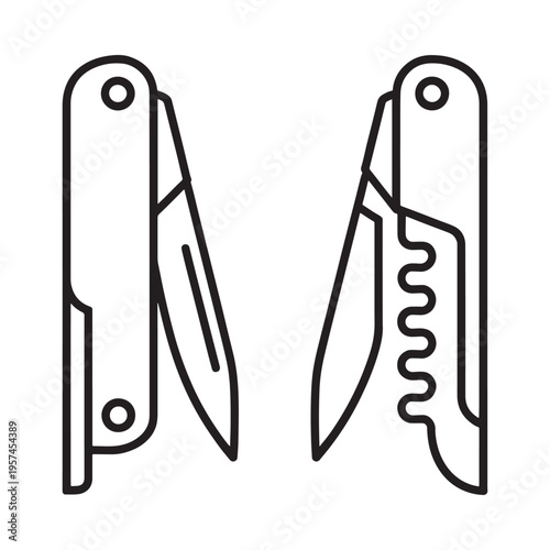 Two outline illustrations of a corkscrew and pocketknife combination tool