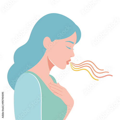 Woman practicing deep breathing with a calm expression  
