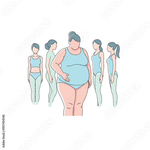 Overweight woman standing confidently among diverse female body types  