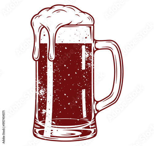A beer mug filled with dark beer and foam on top  isolated on white background