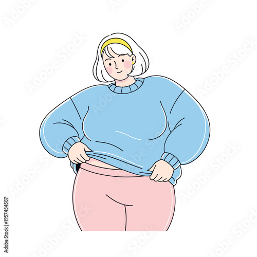 Plus-size woman adjusting her oversized sweater in casual attire  