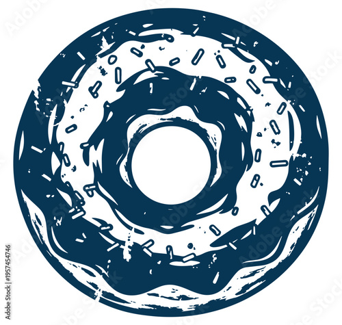 A blue donut with white frosting and sprinkles on top is shown in a sketch style