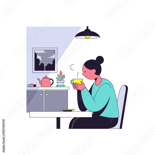 Woman enjoying hot beverage while sitting at a kitchen table