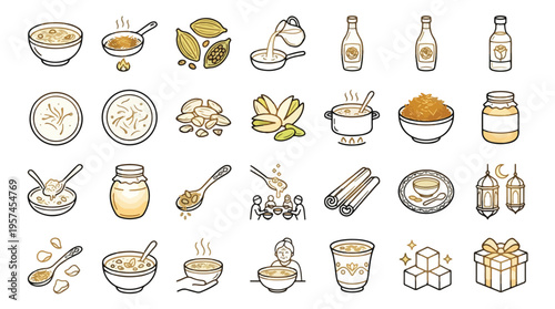 Ramadan Eid Dessert Sheer Khurma icon set in linear style. A collection of traditional food icons, including vermicelli, milk, cardamom, nuts, rose water, lantern, sugar