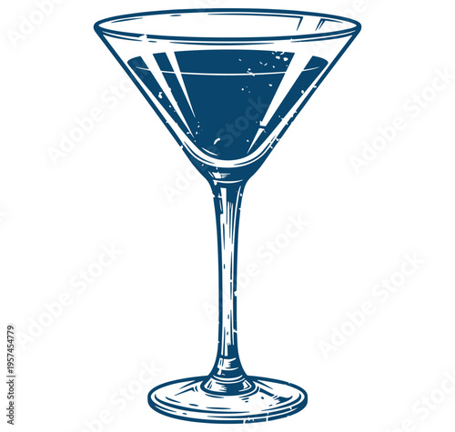 A blue cocktail glass with a long stem and a wide bowl isolated on transparent background