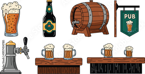 Beer Pub Vector Illustration Showing Glass Bottle Barrel Tap Counter and Sign