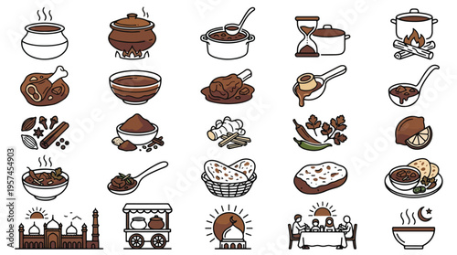 Nihari Stew and Traditional South Asian Cooking Icon Set in Line Style. A collection of linear icons including beef, naan, spices, ginger, clay pot, fire, mosque, and more. Editable Stroke.