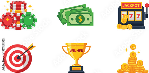 Casino Vector Illustration Showing Poker Chips Money Slot Machine Target Trophy and Coins