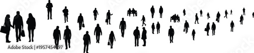 Black silhouette vector illustration of diverse people in public space, walking, standing, sitting, interacting, and engaging in social activities