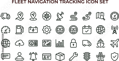 Fleet navigation tracking outline icon set featuring route guidance GPS monitoring logistics interface symbols for transport management systems