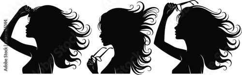 Elegant black silhouette set of three fashion women with long wavy hair blowing in wind holding eyeglasses and sunglasses isolated on white background