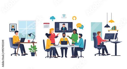 Modern Hybrid Work Environment: Diverse Team Collaboration, Remote Work, Online Meetings, and Office Productivity