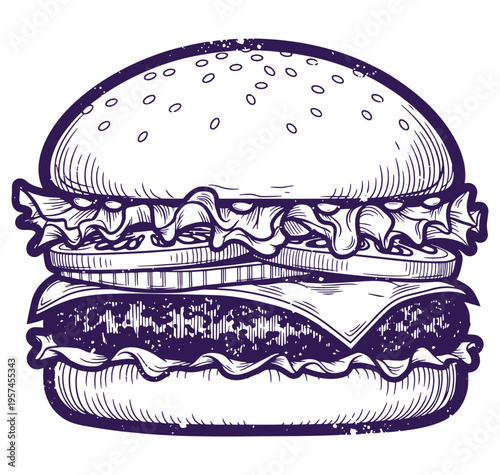 A detailed illustration of a hamburger with lettuce and cheese on a bun