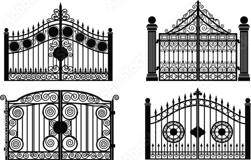 Elegant Wrought Iron Gate Vector Silhouettes Set Featuring Ornate Victorian Decorative Entrance Designs for Garden Fencing Ornamental Metal Architecture and Secure Residential Property Portals