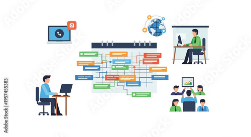 Project Management, Teamwork & Digital Communication Workflow Illustration