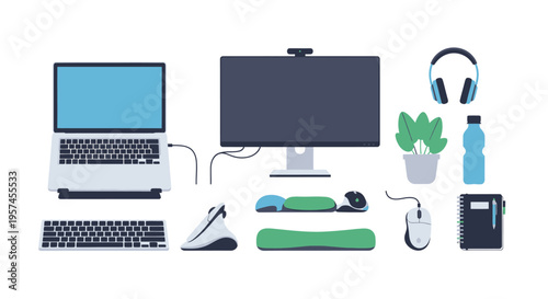 Ergonomic Home Office Workspace Vector Illustration with Laptop, Monitor, Peripherals, and Wellness Items for Productivity