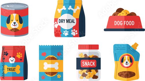 Dog Food Packaging Vector Illustration Showing Wet Dry Treat Snack Bowl and Pouch