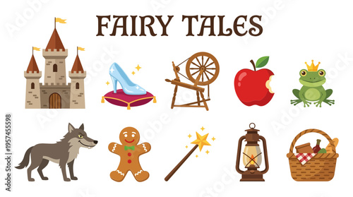 Ten flat icons representing fairy tale elements arranged in two rows
