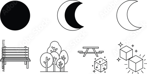 Day and night icons set with sun moon park bench trees and snow simple outline vector illustration collection
