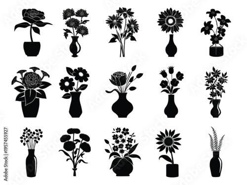 A collection of fifteen artistic black and white silhouette icons featuring various floral plants