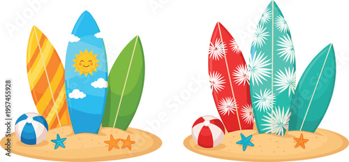 Surfboards on sandy beach with balls starfish and tropical patterns summer vacation seaside vector illustration set