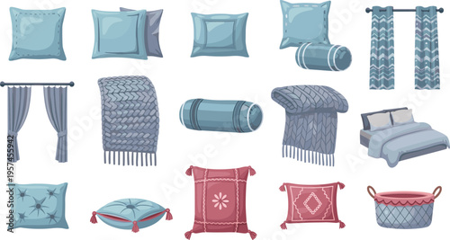 Home Textile Vector Illustration Showing Pillow Curtain Blanket Bed and Basket