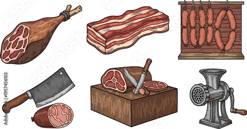 Meat Processing Vector Illustration Showing Ham Bacon Sausage Cleaver Grinder and Butcher Block