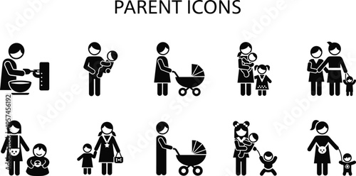Parenting icons set with various family and childcare activities