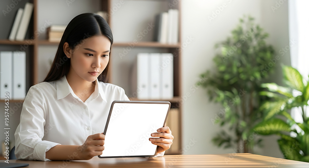 Fototapeta premium A young businesswoman using a tablet in a modern office setting