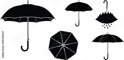 Umbrella silhouettes set with rain and protection symbols, weather icons vector illustration collection, black design elements, rainy season concept, isolated on light background