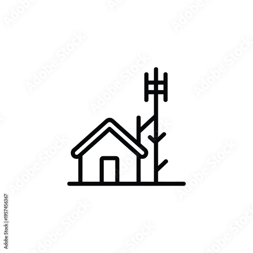 Simple line drawing depicts a house with a tall antenna structure