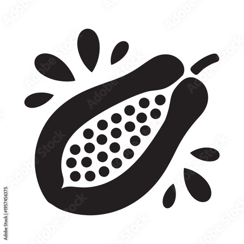 Black and white illustration of a halved papaya with seeds scattered around