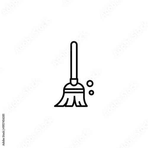 Simple line drawing of a broom with dust particles nearby