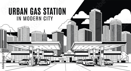 Urban gas station vector illustration, modern city fuel station with cars pumps and skyline buildings for transportation energy service design concept