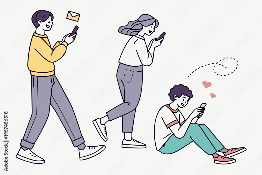 Fototapeta premium Friends Using Smartphones Social Media Vector Illustration