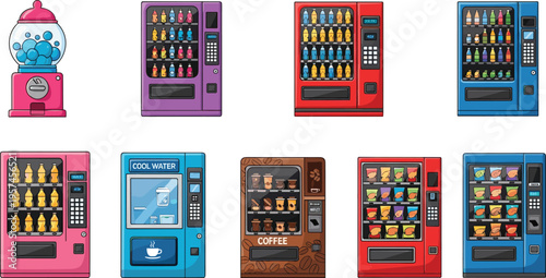 Vending machine collection vector illustration, snack and drink dispensers set, colorful automatic retail machines, food beverage service equipment, isolated modern design icons