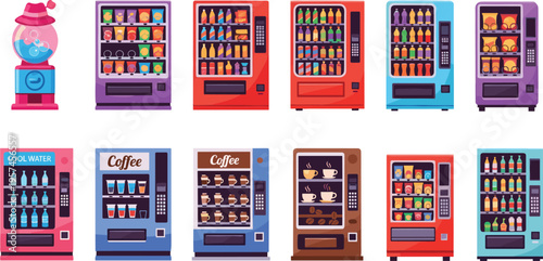 Vending machines collection with snacks, drinks and coffee dispensers, colorful retail vector illustration set, automated food service concept, isolated on light background