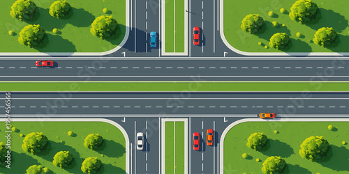 Top View Road Intersection with Cars and Traffic Layout Flat Design Illustration