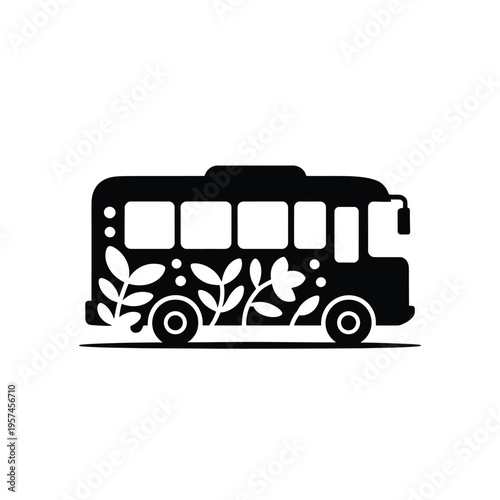 A stylized black silhouette of a bus decorated with floral elements