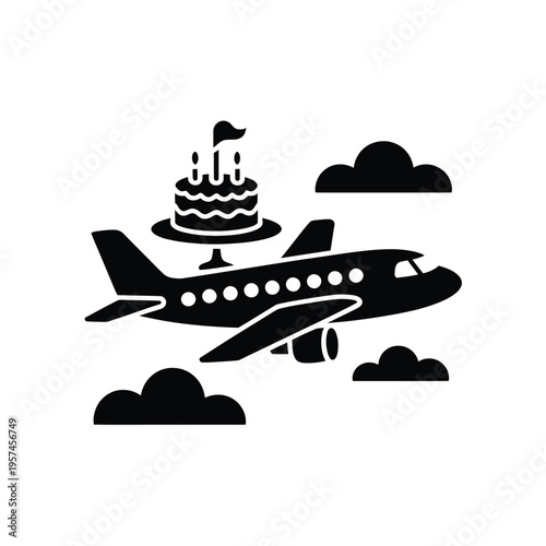 A black silhouette of an airplane flying with a birthday cake