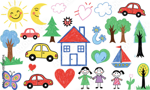 A colorful illustration of a house and cars surrounded by nature and children