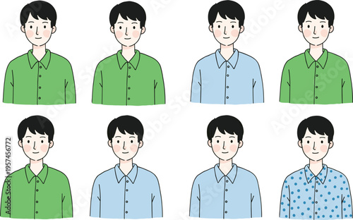 Eight cartoon boys in different colored shirts