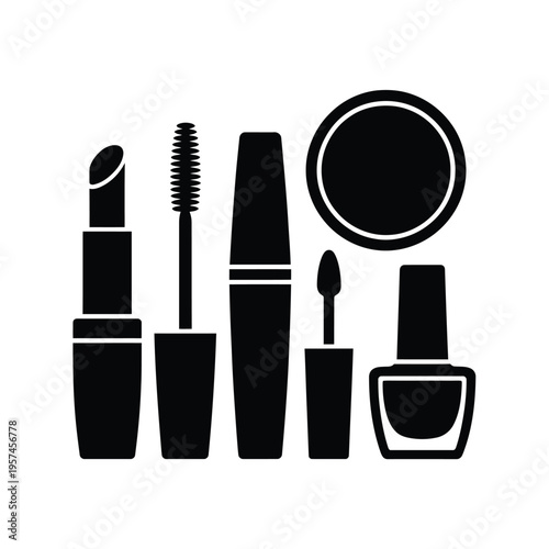 Black silhouette icons representing various cosmetic products and makeup tools