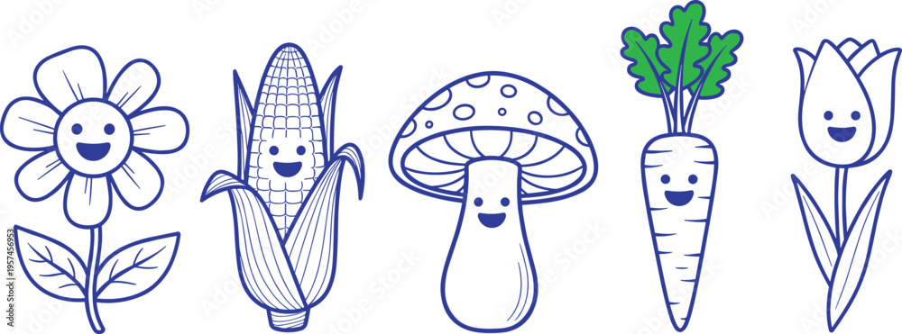 Naklejka premium Smiling garden vegetables and flowers